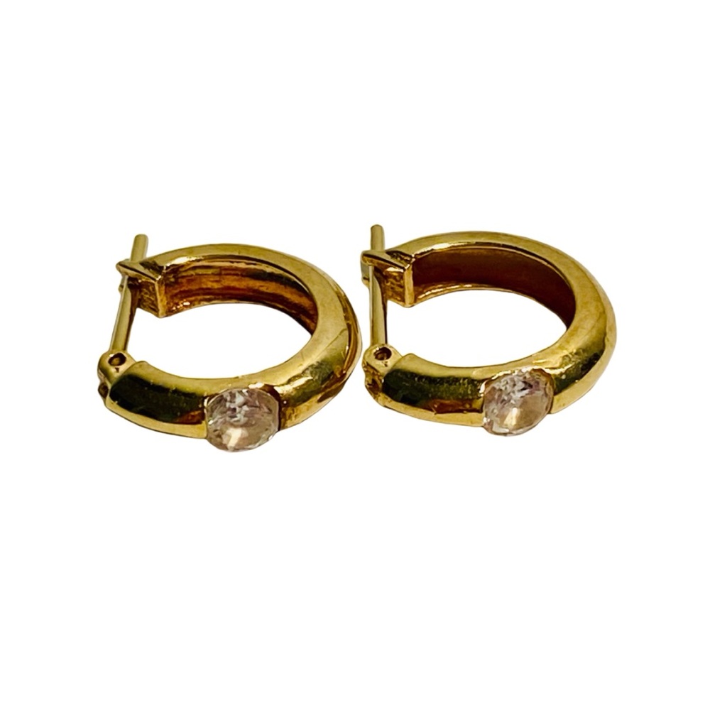 14k SOLID YELLOW GOLD Small 3mm Hoop Huggie Earrings 15mm Diameter, Clear Stone